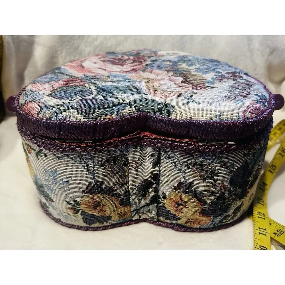 Heart Sewing Basket Notions Vintage Granny Chic Floral Red Collector Crafts Lot